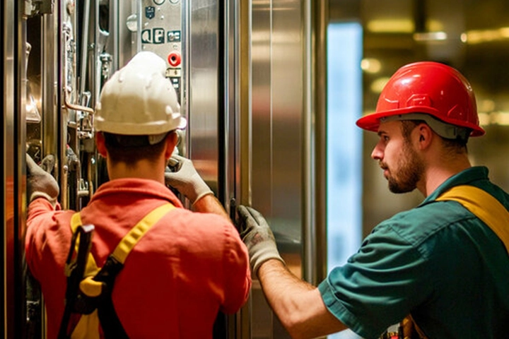 Home 22 Two technicians collaborating on a lift, demonstrating a professional elevator repair service in Chennai.