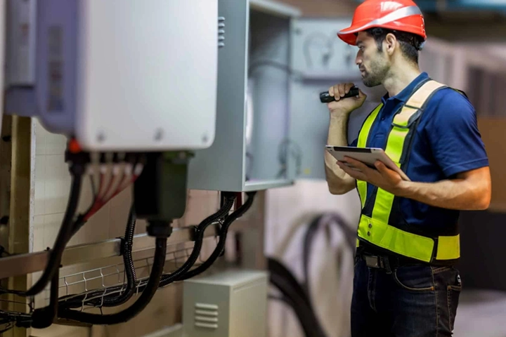 Home 27 An engineer inspecting a modern elevator control system, a key elevator product in Chennai, while using a tablet and walkie-talkie.