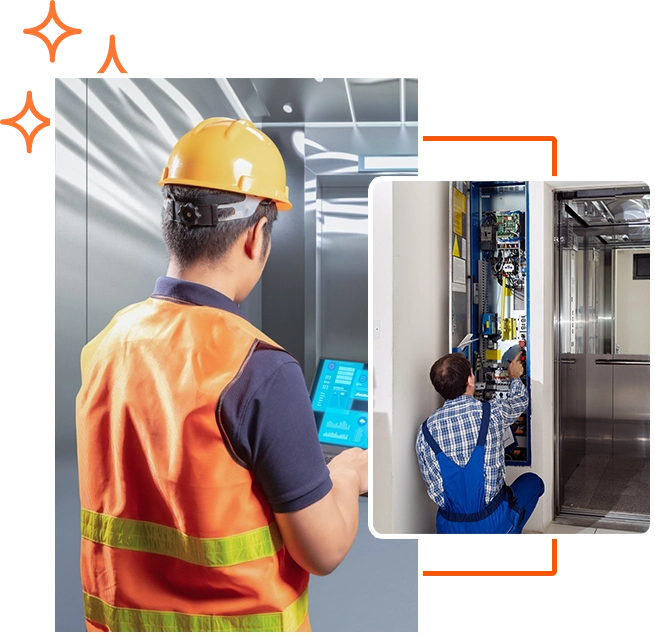 Home 10 http://Technicians%20providing%20professional%20elevator%20service%20in%20Chennai,%20one%20using%20a%20laptop%20for%20diagnostics%20and%20another%20repairing%20the%20lift's%20control%20panel.
